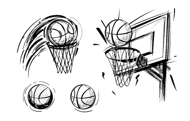 Emblème de basket-ball, boule, illustration vectorielle de croquis