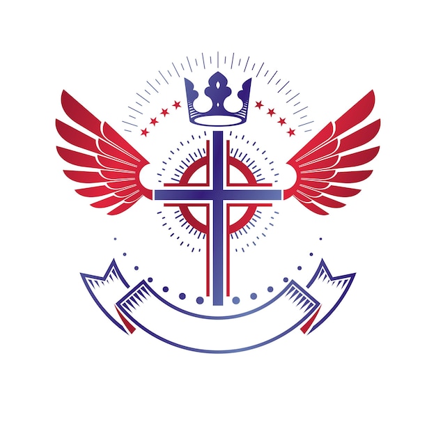 Emblème de la croix chrétienne ailée composé d'une couronne royale et d'un ruban de luxe. Logo décoratif blason héraldique isolé illustration vectorielle. Symbole de thème de religion et de spiritualité.