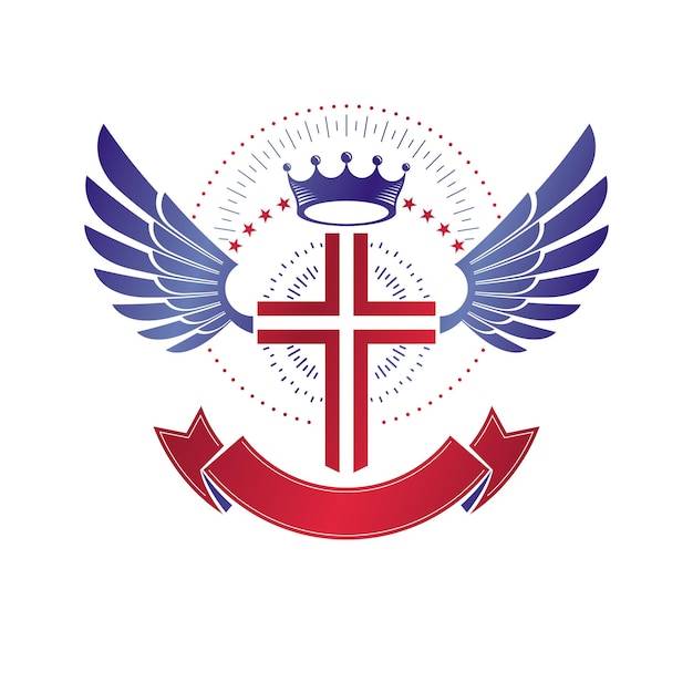 Emblème de la croix chrétienne ailée composé d'une couronne royale et d'un ruban de luxe. Logo décoratif blason héraldique isolé illustration vectorielle. Symbole de thème de religion et de spiritualité.