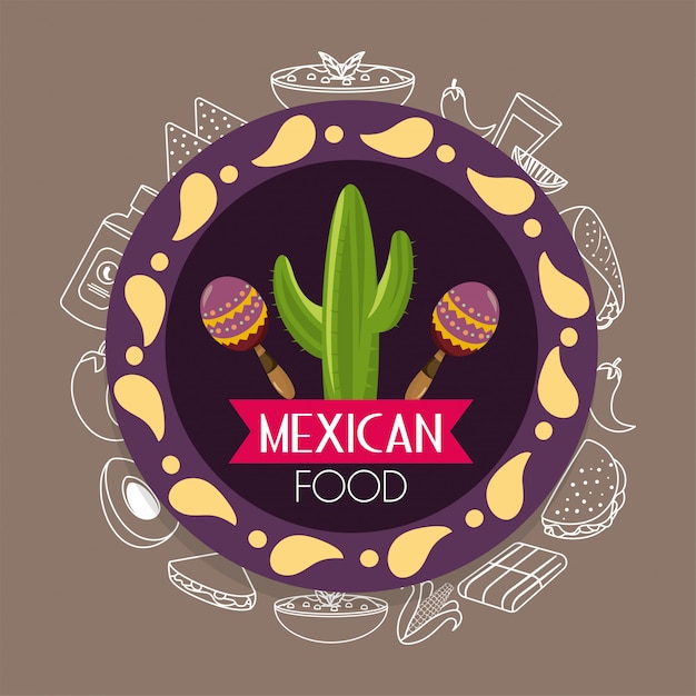 Emblème De La Cuisine Mexicaine Avec Des Cactus Et Des Maracas