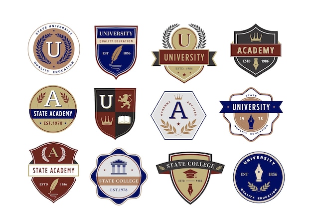Emblème de l'éducation Insignes d'institution académique pour les crêtes de l'académie universitaire et du collège avec un ensemble vectoriel de dessins classiques