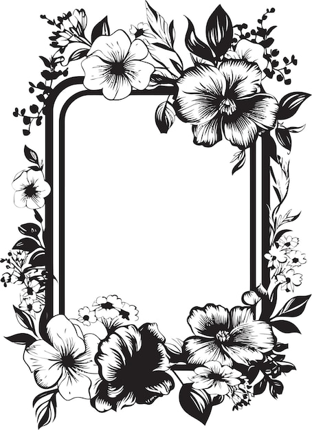 Vecteur emblème floral noir avec bord de fleur majestueux logo noir vintage enclosure de pétales