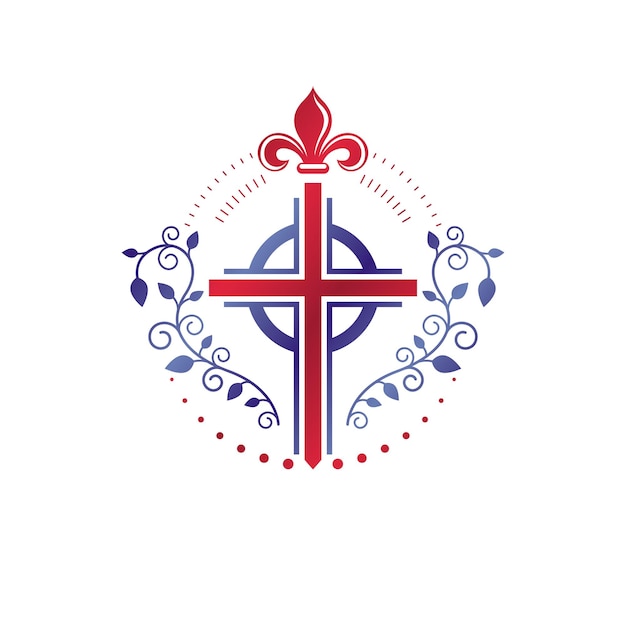 Vecteur emblème graphique de la croix du christianisme. élément de conception de vecteur héraldique. etiquette de style rétro, insigne religieux orné de couronne de laurier et fleur de lys. idée de richesse et de monarchie.