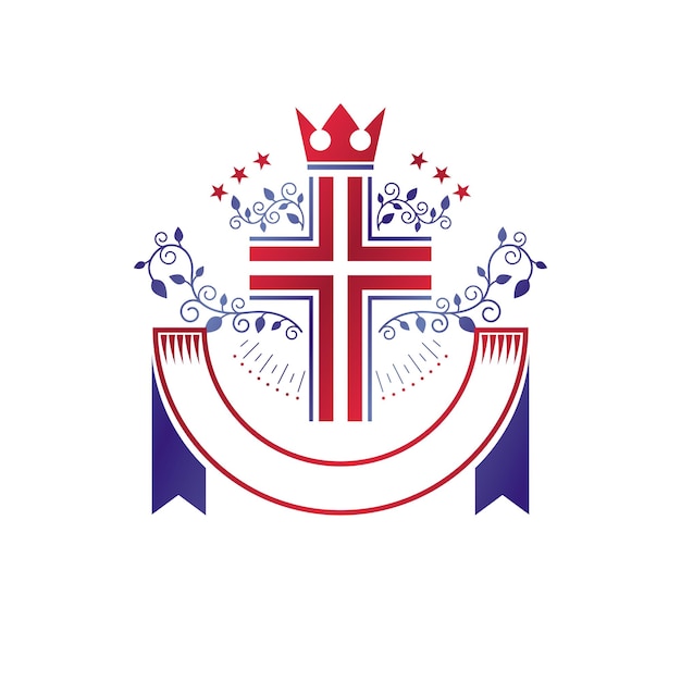 Emblème graphique religieux croisé créé à l'aide d'une couronne impériale et d'un ornement floral, crucifixion chrétienne. Armoiries héraldiques, logo vectoriel vintage orné d'un beau ruban.