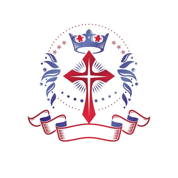 Vecteur emblème graphique religieux croisé créé à l'aide d'une couronne impériale et d'un ornement floral, crucifixion chrétienne. armoiries héraldiques, logo vectoriel vintage orné d'un beau ruban.