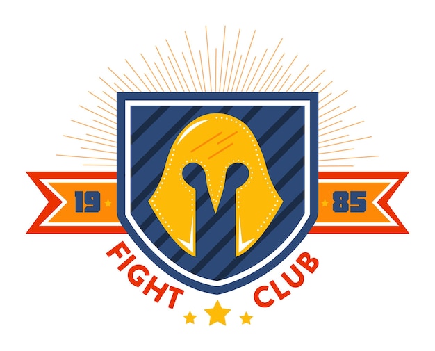 Vecteur l'emblème en gras du club d'arts martiaux présente un casque spartiate et un logo athlétique en éclat de soleil avec des marques d'année