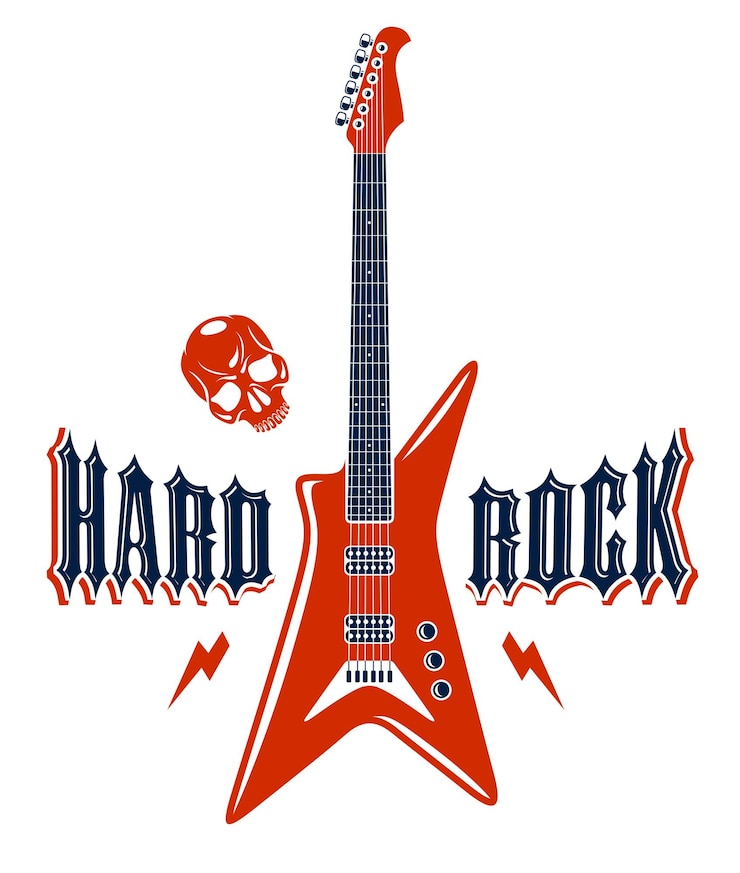 Vecteur emblème de hard rock avec guitare électrique logo vectoriel festival de concert ou club de nuit étiquette de musique thème illustration boutique de guitare ou t-shirt impression signe de groupe de rock avec une typographie élégante