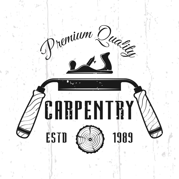 Vecteur emblème, insigne, étiquette ou logo vectoriel monochrome de service de menuiserie dans un style vintage isolé sur fond avec des textures amovibles