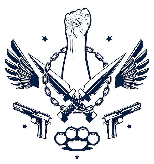 Vecteur emblème ou logo agressif de la révolution et de l'émeute avec un poing serré, des armes et différents éléments de conception, tatouage vectoriel, anarchie et chaos, partisan rebelle et révolutionnaire.