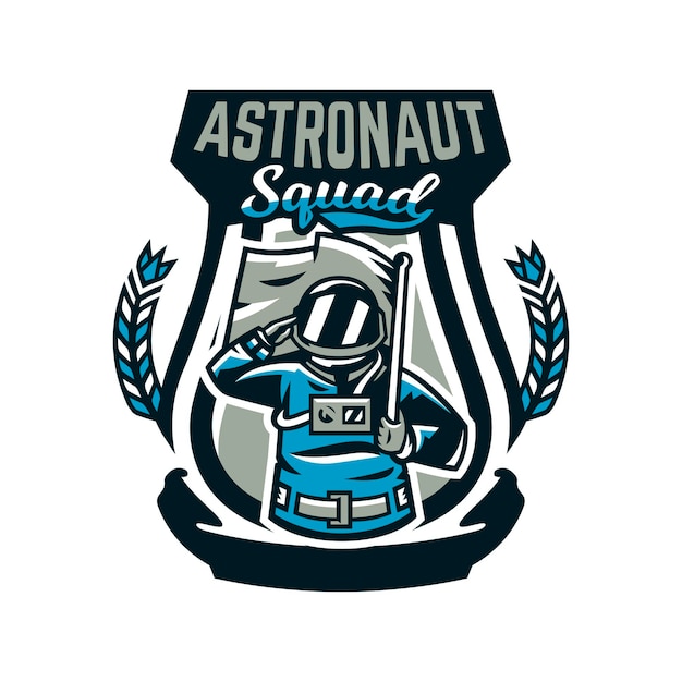 Emblème Logo Un Astronaute Salue Et Tient Un Drapeau Vol Vers La Lune Espace Voyage Intergalactique Univers Bouclier Illustration Vectorielle Impression Sur T-shirts