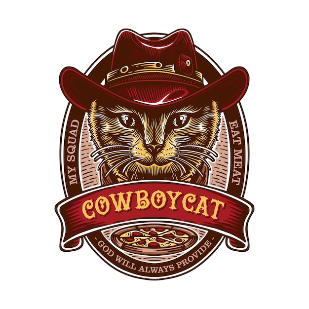 Vecteur emblème de logo vintage un chat vêtu d'une robe de cow-boy regarde fixement et froidement sur un fond ovale avec plusieurs ornements