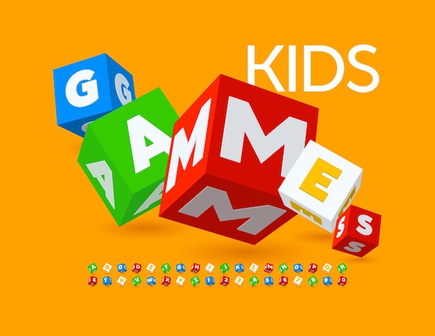 Emblème ludique de vecteur Jeux d'enfants Cubes colorés Lettres et chiffres de l'alphabet mis Police de blocs de jouets