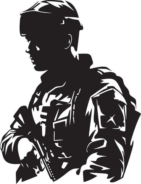 Vecteur emblème militaire armé du guerrier stalwart gardien de la bravoure designer de l'icône de l'homme de l'armée noir