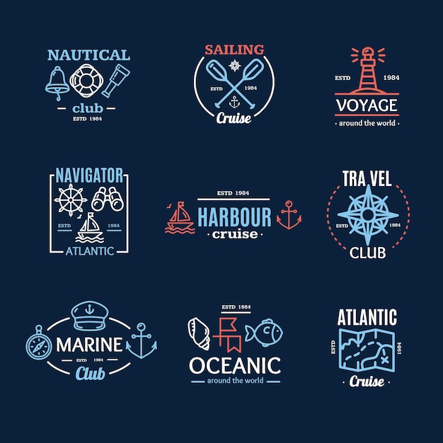 Vecteur emblème nautique badges ou étiquettes line art set vector