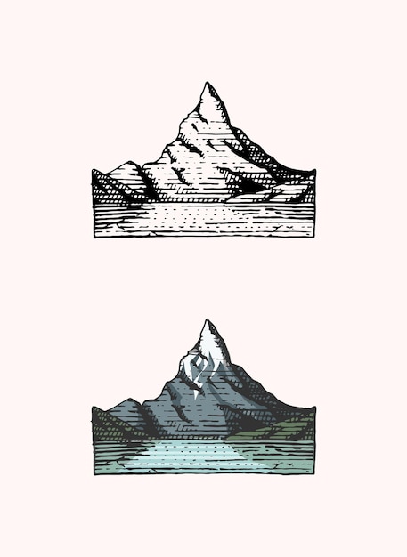 Emblème De Pics De Montagne Gravé à La Main Vintage Ancienne étiquette Ou Insignes