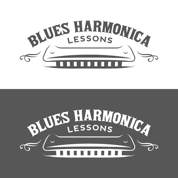 Vecteur emblème rétro de leçons d'harmonica, logo.