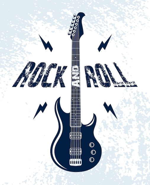 Emblème de rock and roll avec logo vectoriel de guitare électrique, label de festival de concert ou de boîte de nuit, illustration de thème musical, magasin de guitare ou impression de t-shirt, signe de groupe de rock avec une typographie élégante.