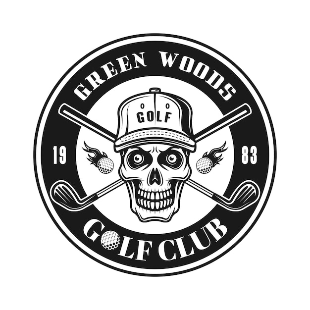 Emblème Rond De Vecteur De Club De Golf Avec Le Crâne Dans Le Chapeau, Illustration Monochrome Vintage D'isolement Sur Le Fond Blanc