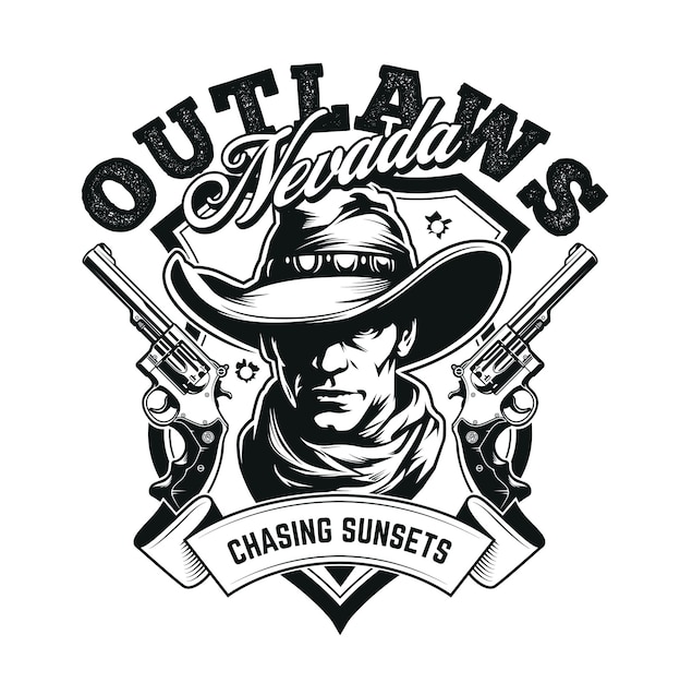 Emblème de style occidental classique avec cowboy deux revolvers et lettrage T-shirt modèle de conception d'impression Couleurs noir et blanc Lignes épurées Graphique vectoriel de style de gravure