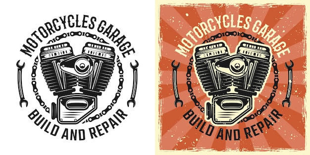 Emblème De Vecteur De Moteur De Moto, Badge, étiquette, Logo Ou T-shirt Imprimé Dans Deux Styles Monochromes Et Vintage Colorés Avec Des Textures Grunge Amovibles