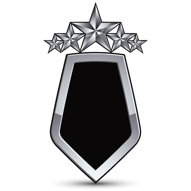 Vecteur emblème de vecteur noir festif avec contour et cinq étoiles pentagonales décoratives argentées, élément de conception conceptuelle royale 3d, eps8 clair. armoiries symboliques isolées sur fond blanc. écusson héraldique