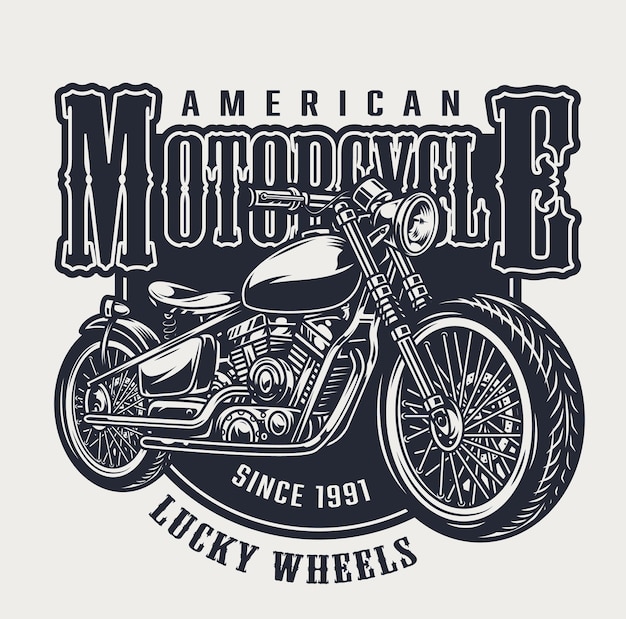 Vecteur emblème vintage de moto américaine avec lettrages et moto classique de style monochrome
