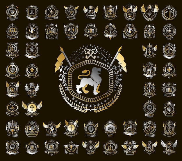 Emblèmes héraldiques vintage vecteur grand ensemble, insignes symboliques héraldiques antiques et collection de récompenses, éléments de conception de style classique, emblèmes familiaux.