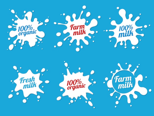 emblèmes de lait ou étiquettes de produits laitiers avec ensemble d'éclaboussures et de taches