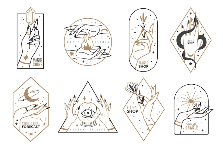 Vecteur emblèmes de ligne occulte. décrivez les mains des femmes avec des éléments magiques mystiques dans un style tendance minimaliste, des symboles dorés de sorcellerie et des objets mystérieux, un logo élégant et des étiquettes vector collection isolée