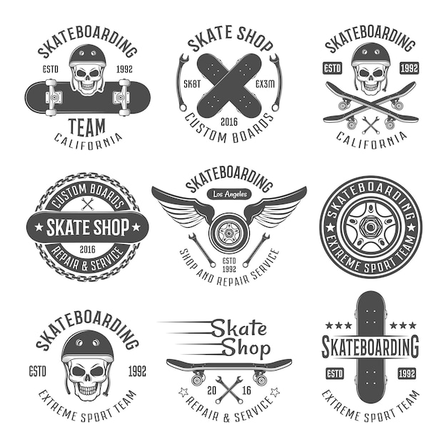 Emblèmes noirs de skateboard