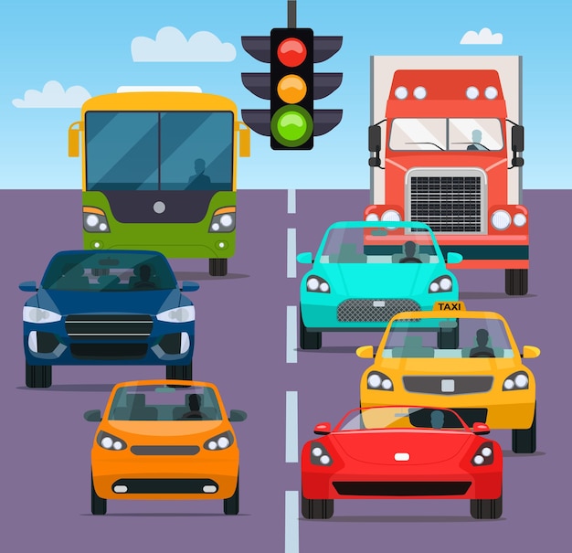 Embouteillage de voitures différentes. Illustration vectorielle