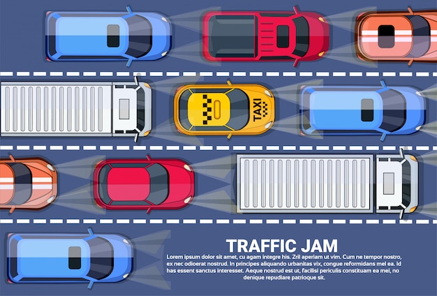 Embouteillage Sur La Vue De Dessus De Route Avec Autoroute Pleine De Voitures Différentes