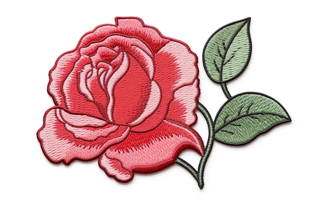 Embroiderie Rose Rouge Avec Des Feuilles Vertes Illustration Vectorielle De Ligne De Stock