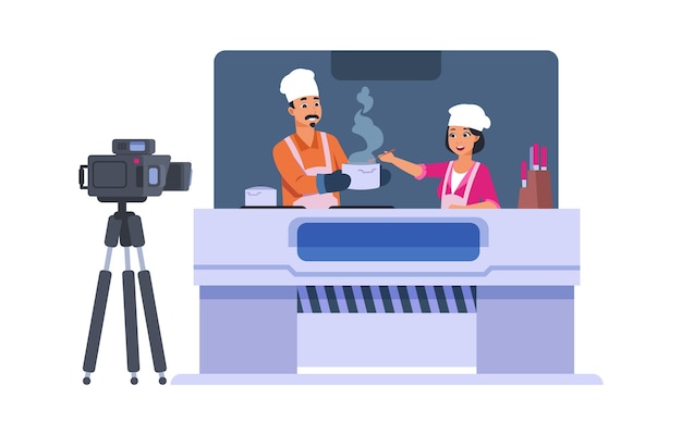 Vecteur Émission de cuisine télévisée. concept de télévision de divertissement de dessin animé. un homme et une femme mignons tirent sur la caméra pour savoir comment cuisiner. chaîne de vlog alimentaire. vidéo de la classe de maître du chef. illustration de blog de cuisinière isolée de vecteur