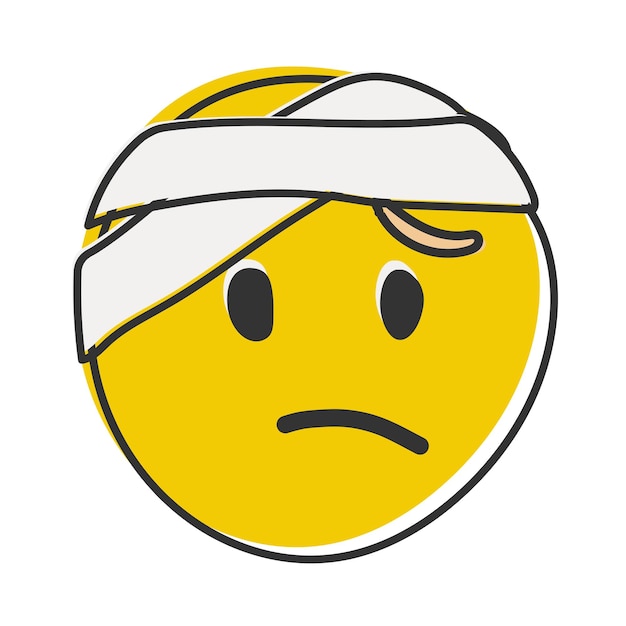 Emoji avec bandage visage jaune avec un demi-froncement des sourcils et un bandage blanc enroulé autour de sa tête Émoticône de style plat dessiné à la main