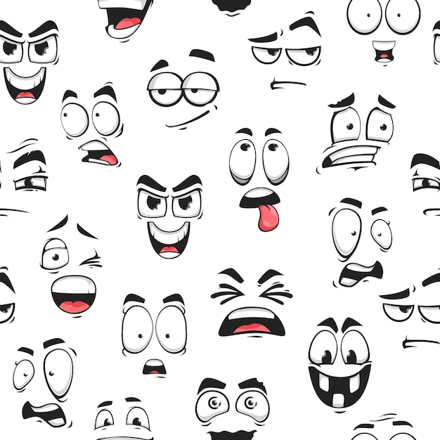 Vecteur emoji drôle de dessin animé fait face à des émoticônes drôles de modèle sans couture et fond de vecteur emoji heureux modèle de personnages de sourire mignon d'émoticônes kawaii de dessin animé rire ou langue effrayée et idiote pour le modèle