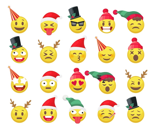 Emoji Drôle De Noël. Visages Jaunes D'émotion De Vacances Mignonnes Dans Des Chapeaux Ou Des Cornes De Rennes, Têtes Souriantes Heureuses Positives, Collection D'autocollants De Fête De Noël Et De Nouvel An, Ensemble Isolé De Vecteur De Dessin Animé D'icônes De Chat