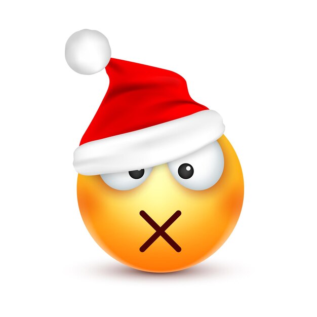 Vecteur emoji emoticon emoji jaune visage avec des émotions et chapeau de noël nouvelle année père noël hiver triste heureux