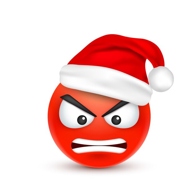 Vecteur emoji emoticon visage avec des émotions et chapeau de noël nouvelle année père noël hiver triste et heureux visage en colère