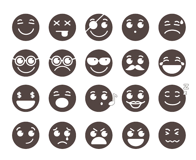 Emoji face à des émoticônes vectorielles plates avec des émotions et des expressions faciales amusantes en couleur noire
