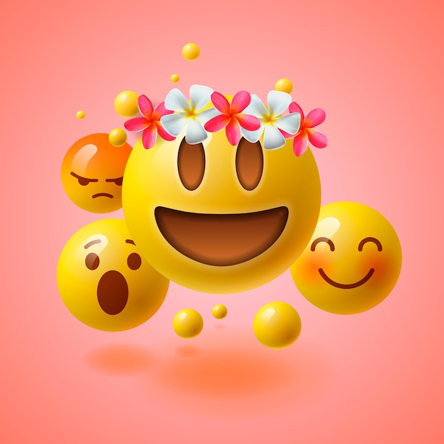 Vecteur emoji avec des fleurs de guirlande sur l'image vectorielle de la tête