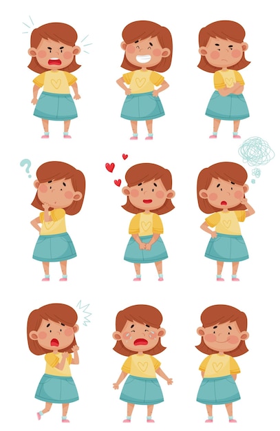 Vecteur emoji girl avec des expressions faciales différentes comme le jeu de vecteurs de visage perplexe et malheureux