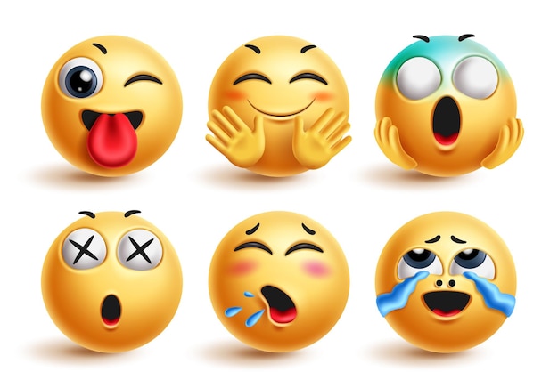 Emoji mignon emoticon personnages vectoriel set Emojis 3d icône jaune dans heureux méchant clignement des yeux agitant