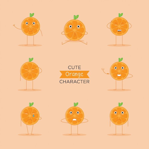 Vecteur emoji mignon, logo du personnage de fruit orange et icône avec style plat