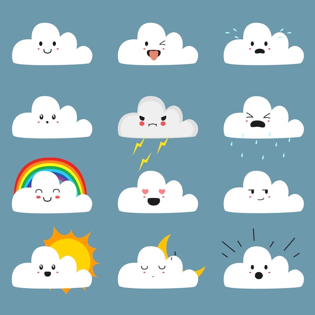 Emoji De Nuages ​​mignons Sertie De Jolis Visages