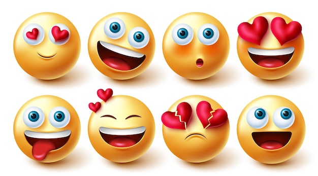 Emojis In Love Vector Set 3d Love Emoji Characters With Hearts Element In Smiling And Rougissant Face