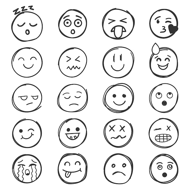Emojis Visages Icône Dans Le Style Dessiné à La Main Doddle Emoticons Illustration Vectorielle Sur Fond Isolé Visage Heureux Et Triste Signe Concept D'entreprise