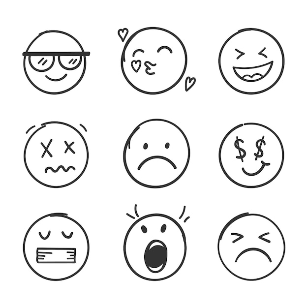 Emojis visages icône dans le style dessiné à la main Doddle emoticons illustration vectorielle sur fond isolé visage heureux et triste signe concept d'entreprise