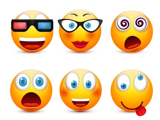 Vecteur un emoticon souriant avec un visage jaune avec des émotions, une humeur, une expression faciale réaliste, un emoji triste, heureux, en colère.