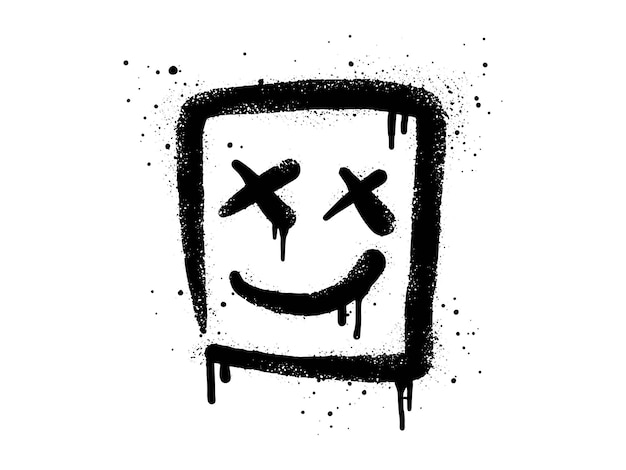 Emoticon De Visage Souriant Personnage De Graffiti Peint En Spray Visage Souriant En Noir Sur Blanc Isolé Sur Fond Blanc Illustration Vectorielle